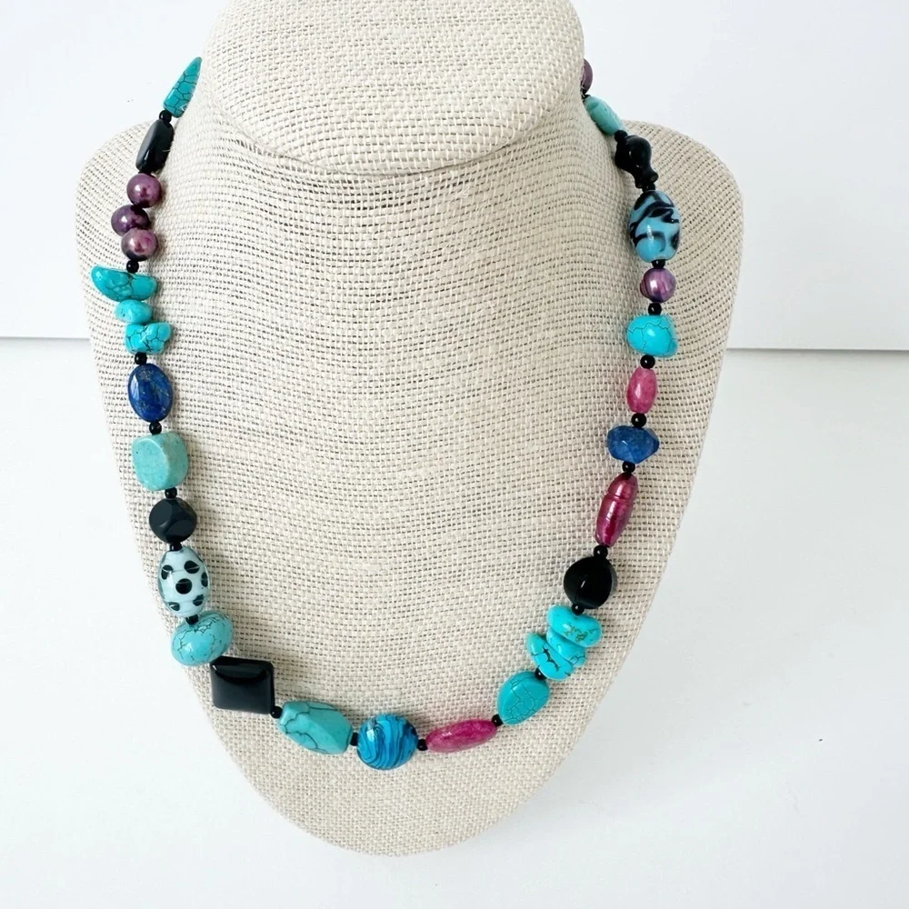 NWT Genuine Lapis, Cherry Quartz, Turquoise, Murano Glass, Black Onyx Necklace